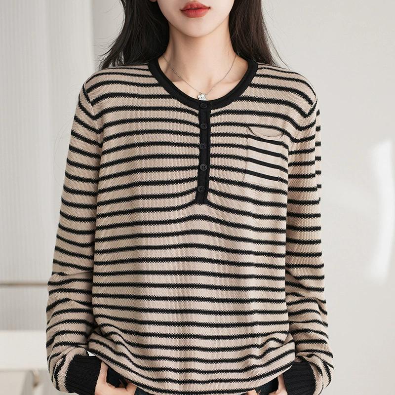 Women's Long Sleeve Striped Knit Sweater Loose Casual Round Neck Bottom Shirt