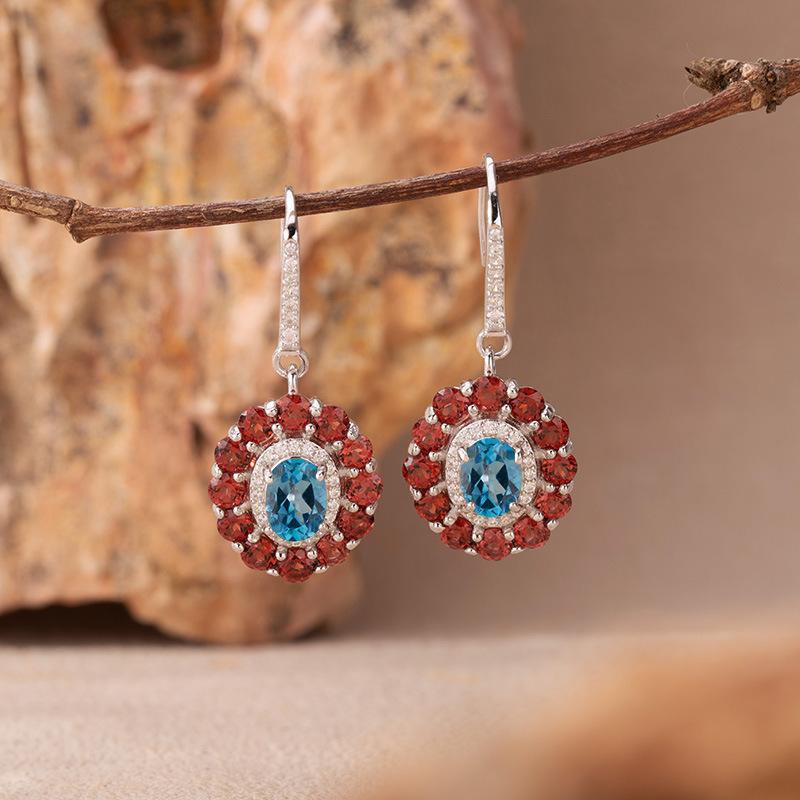 Natural Colored Jewelry Aquamarine Topaz Amethyst Citrine Stud Earrings S925 Silver Light Luxury High Sense