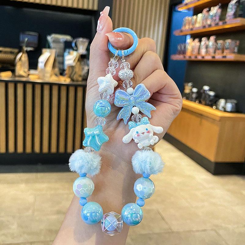 Cute Bowknot Hairball Phone Chain Sanrio Hello Kitty Melody Cinnamoroll Kuromi Keychain Bag Pendant Kawaii Hand Drawn Bead Gift