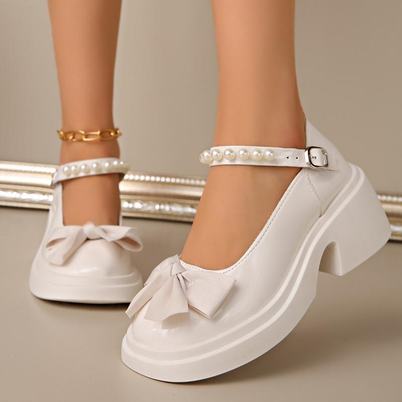 Mary Jane Shoes Women Spring New Sweet Bow Platform Platform Block Heel Pearl Versatile Single Shoes