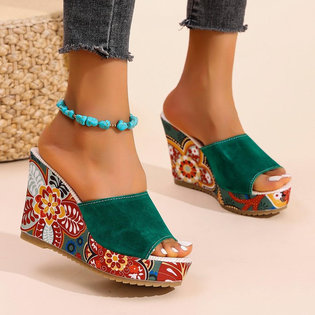 Women's Wide Width Floral Print Platform Mules - Peep-Toe Comfort Wedge Heels for Summer, Fashion Chunky Heel Slides