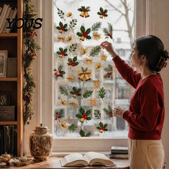 No Residue Window Cling Christmas Static Cling, Xmas Tree Snowman Santa Hat Bell Glass Sticker, Removable Reusable Decoration Decal for Holiday Party