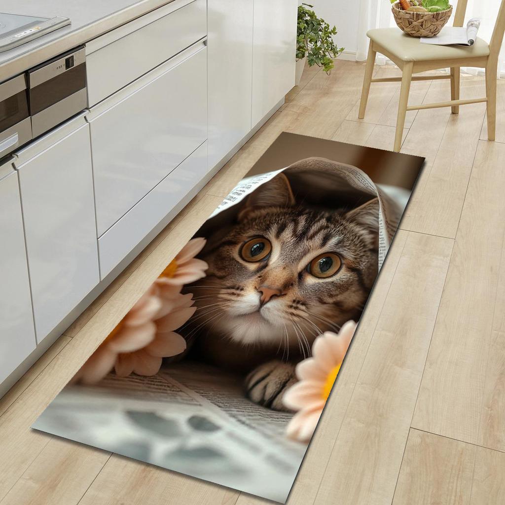 1Pcs Cute Cat Pattern Floor Mat Modern Kitchen Polyester Rug Non-Slip Colorful Indoor Carpet, For Home Bathroom Bedroom Living Room Decor
