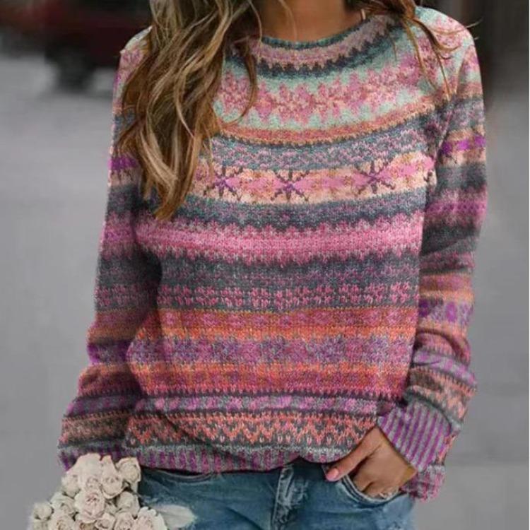 Locker Gestrickt Damen Freizeit Ärmel Lang Bedruckt Oberteil Gemustert Pullover Pullover