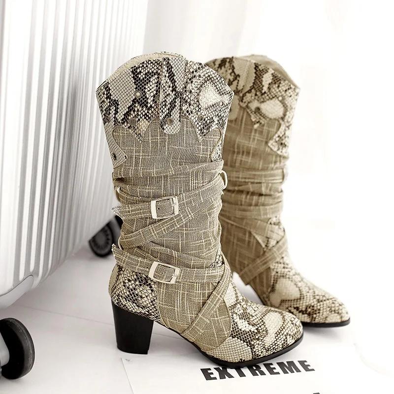 Hochwertige Damen-Schuhe mit Schlangenprint aus PU mit dickem Absatz Damen Winter High Boots Modische bedruckte warme Stiefel Große Größe
