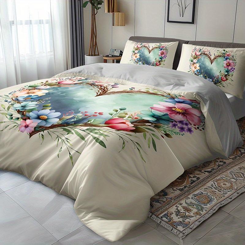 3Pcs Watercolor Floral Heart Bedding Duvet Cover Set Romantic Floral Bedding Quilt Set Bohemian Themed Bed Quilt Set Farmhouse