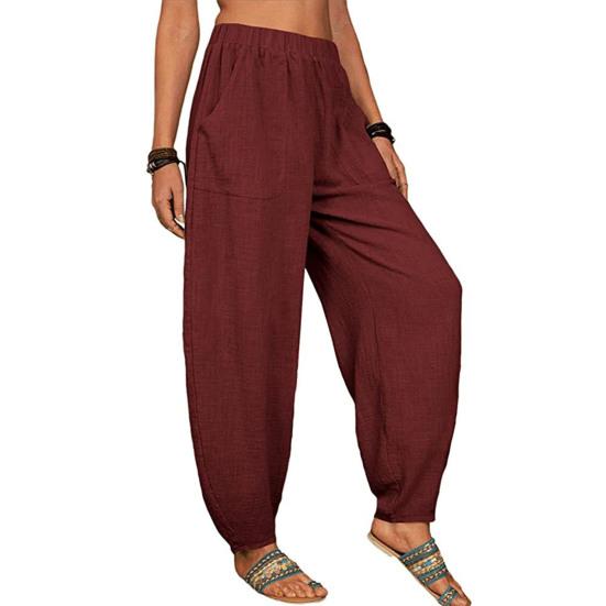Women Pants Elastic High Waist Pure Color Long Trousers with Pockets Loose Fit Wide Leg Harem Pants Daily Wear