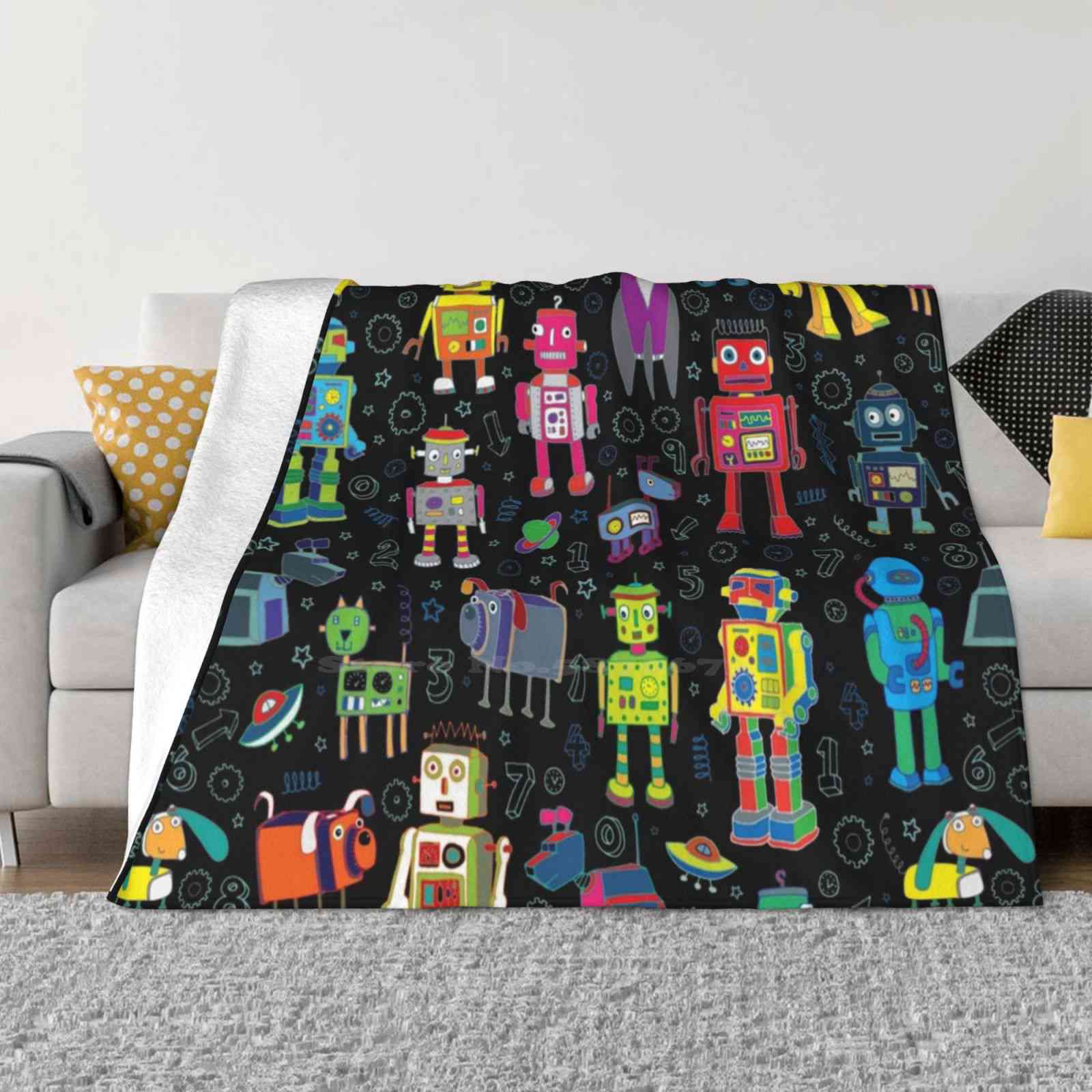 Robots In Space-Black-Fun Pattern By Cecca Designs Four Seasons Comfortable Warm Soft Blanket Space Robots Androids Spaceship 30x40in