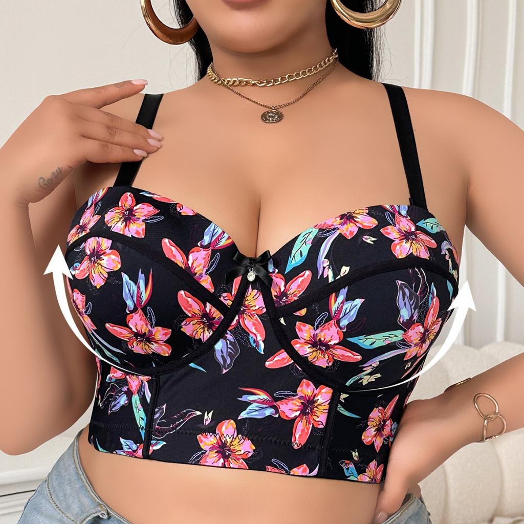 European and American Plus-size Underwear for Women Large Breasts Are Small Anti-sagging Gathered Fashionable Patterned Detachable Shoulder Straps Bra