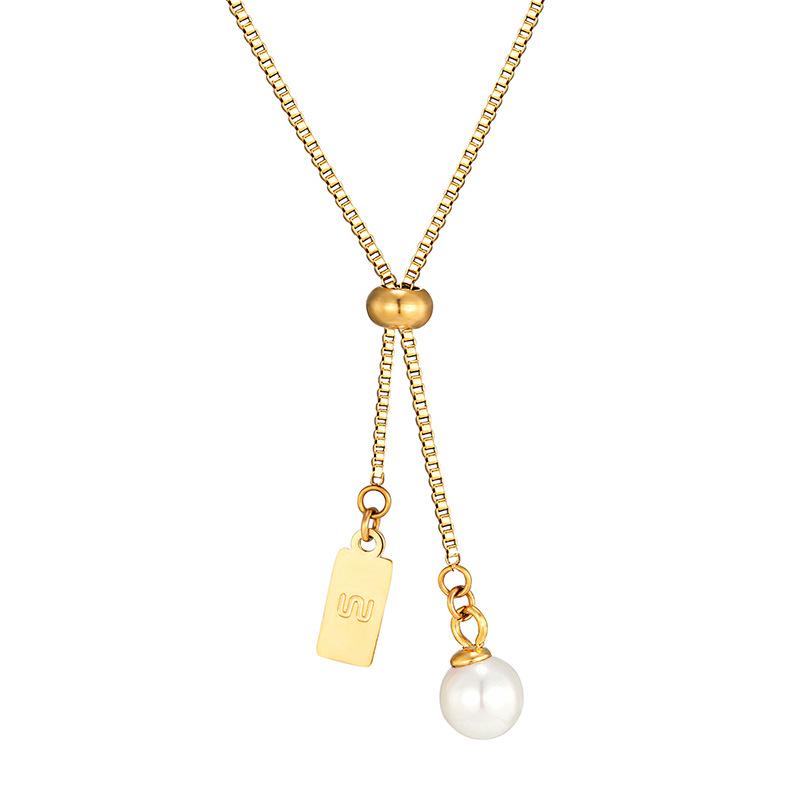 18K Gold-Plated Pearl Necklace with Adjustable Drawstring - Titanium Steel Clavicle Chain for Women