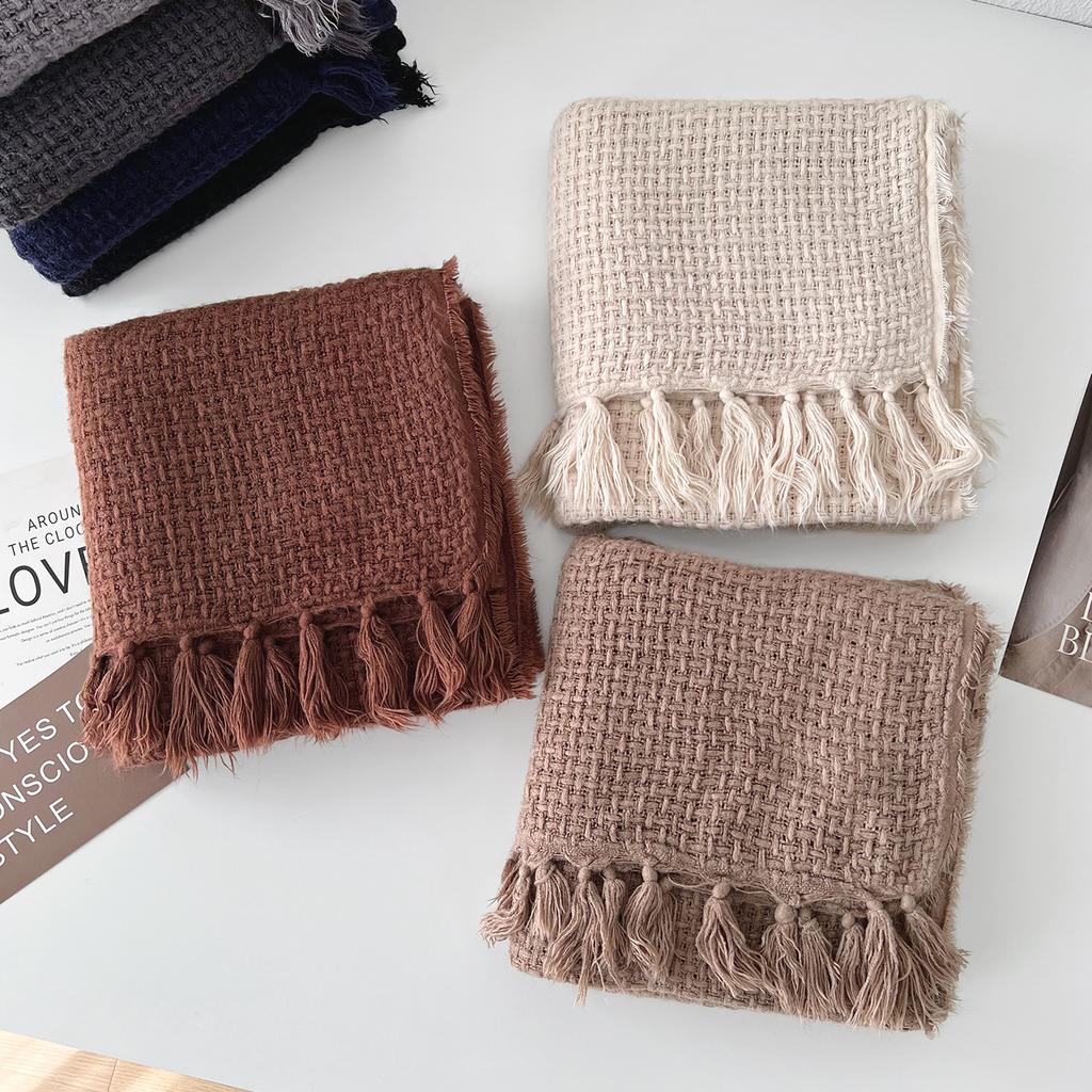 Premium autumn and winter waffle scarf women's fringed edge solid color daily versatile shawl with warm scarf