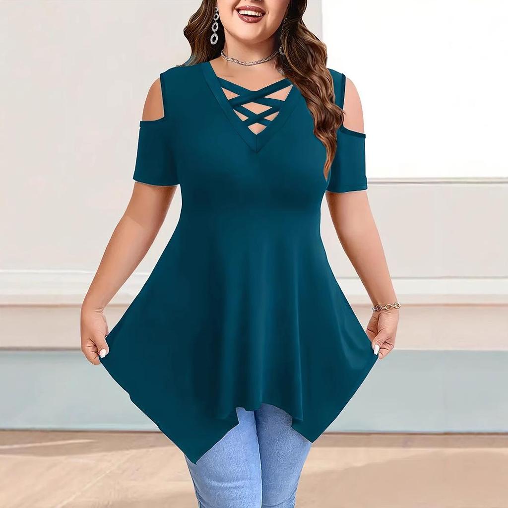 V-Neck Off-Shoulder Short-Sleeve Crossover Strap Women's T-Shirt