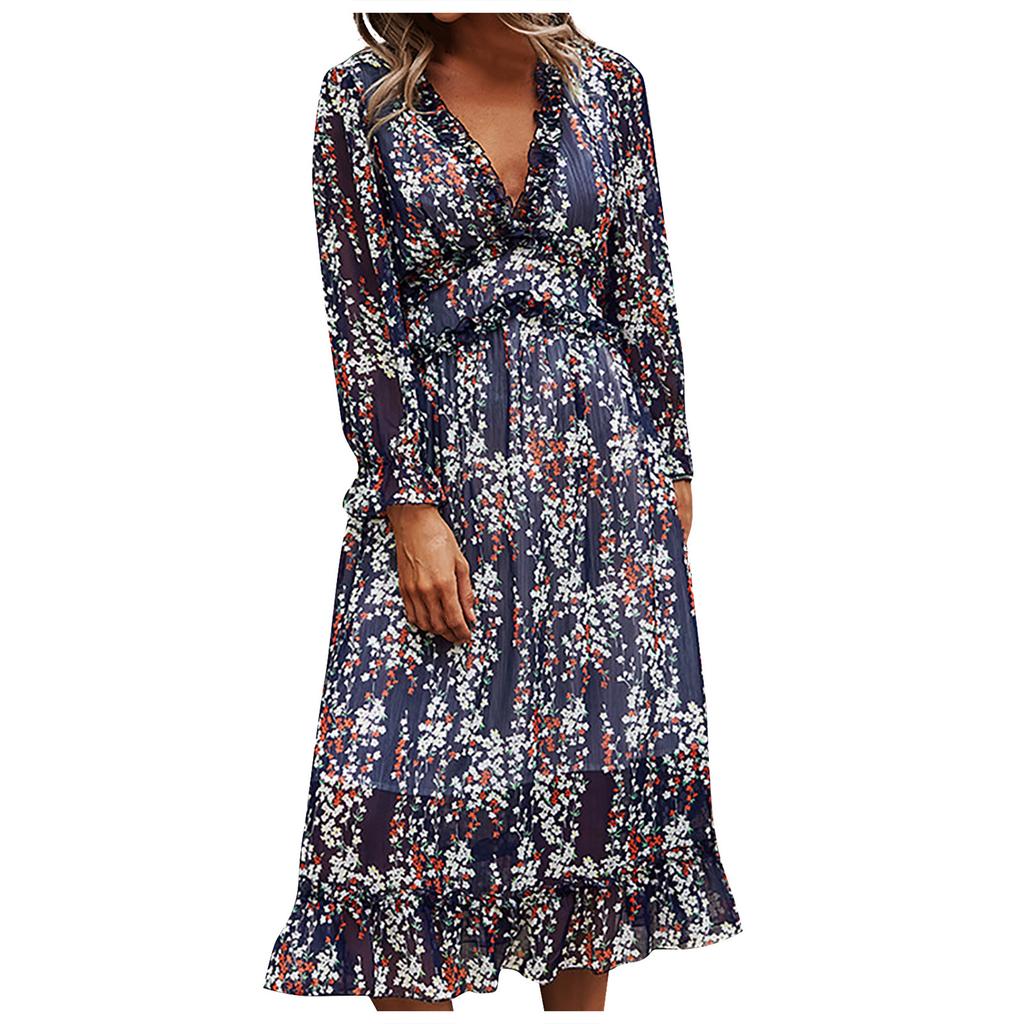 Women's Fashion Sexy Slim Casual V-Neck Chiffon Floral Dress