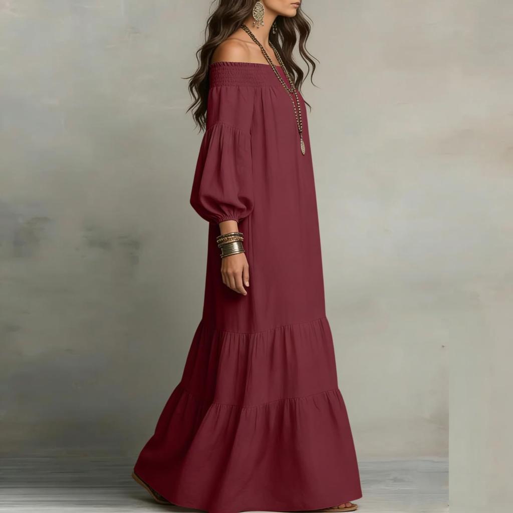 Womens Off Shoulder Maxi Dress Puff Sleeve Loose Fit Tiered Dresses Lightweight Boho Casual Dress