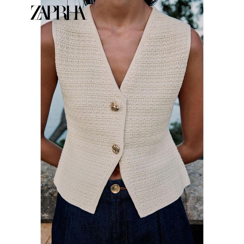 Zaprha 2025 Summer New Classic Western Style Knitted V-neck Sleeveless Texture Vest Top 4192057