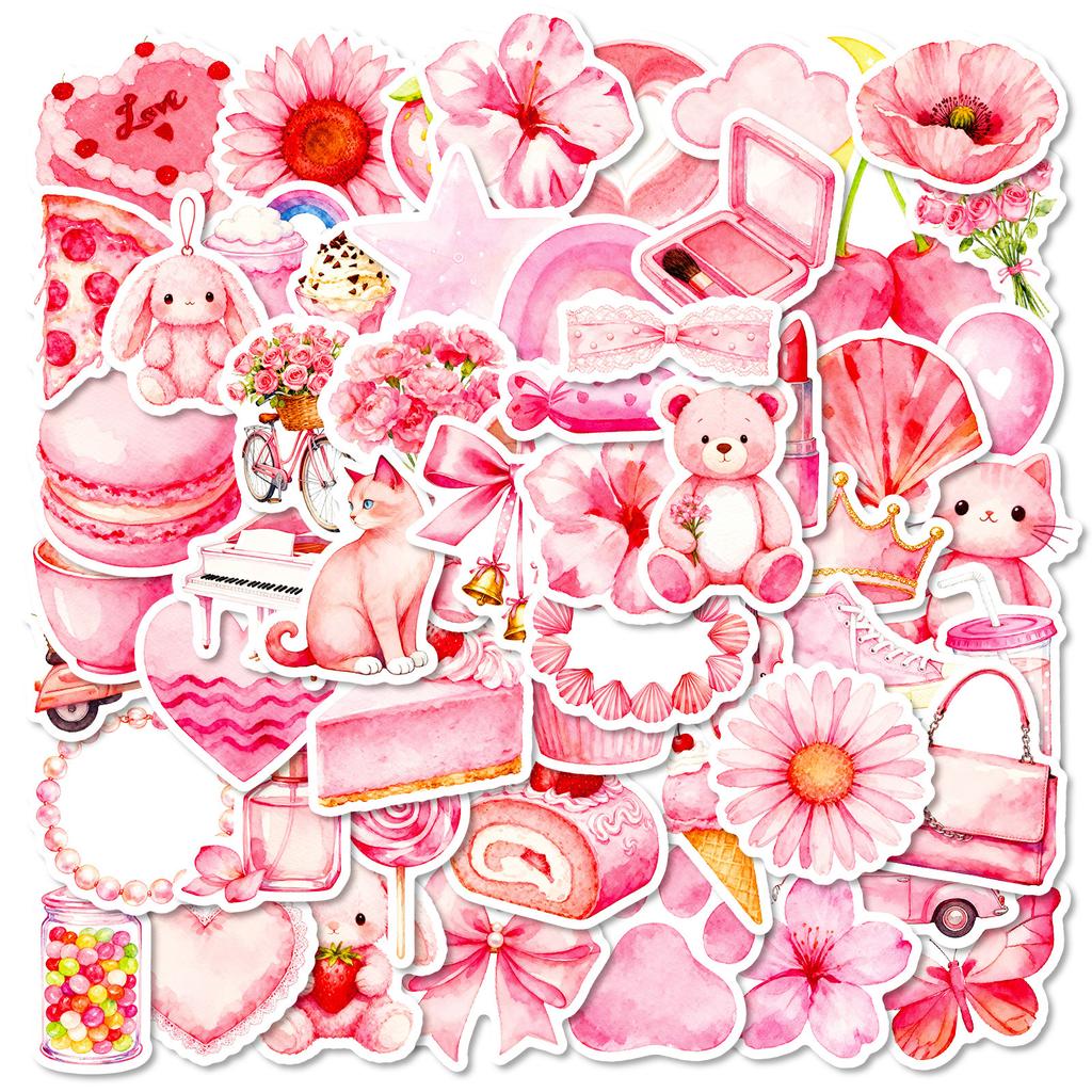56 Watercolor Pink Cartoon Graffiti Stickers Girl Heart Account Notebook Decorative Material Stickers