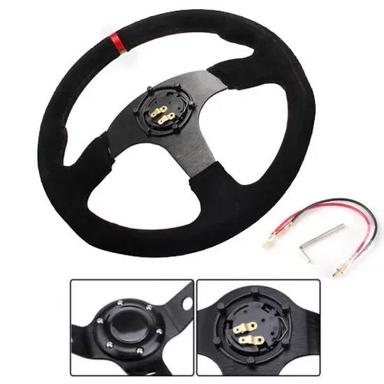 High Quality 14 Inch 350mm Car Red Racing Suede Leather & Aluminum Alloy Steering Wheel Flat With Horn Button Red