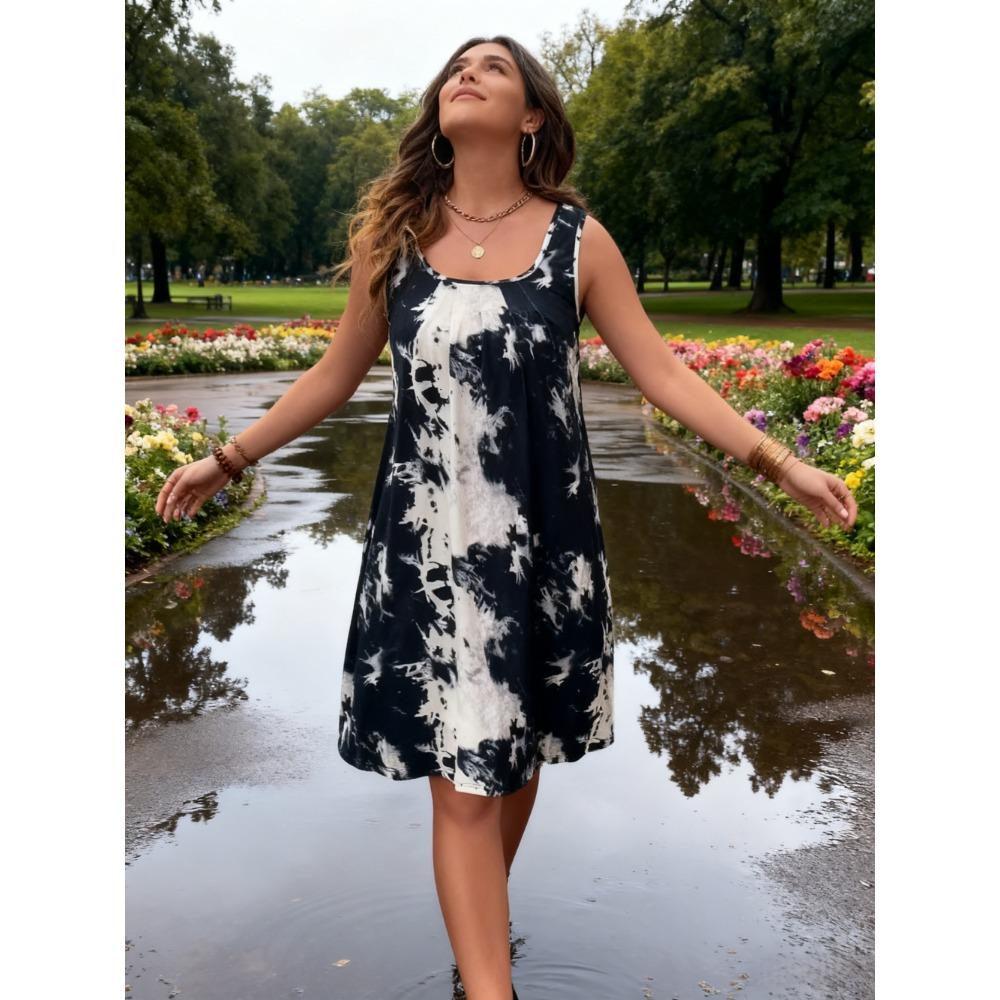 

European and American style minimalist tank dress, ink wash print casual dye beach vacation sleeveless loose body-shaping plus s S