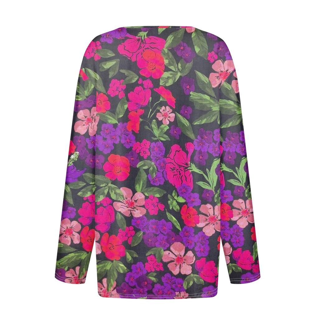 Damenmode, lässig, bedruckt, V-Ausschnitt, lange Ärmel, zum Zuknöpfen, T-Shirt