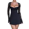 Elegantes, figurbetontes Minikleid für Damen, Spitze, langärmelig, weißes Kleid für Frühling und Sommer, tief ausgeschnittenes Rückenkleid zum Binden, Tunikakleid, Partykleidung