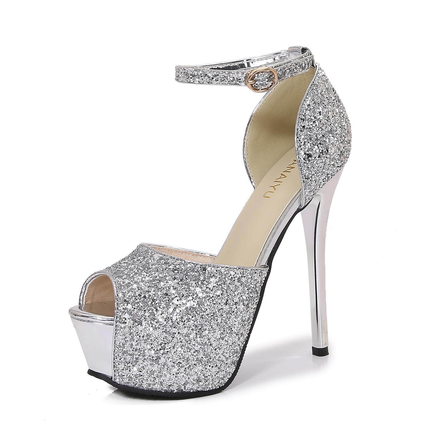 

Модная женская платформа с открытым носком, свадебные туфли, сверкающие стразы, высокие каблуки для женщин, туфли для вечеринки, размеры 34-40, Tacones De Mujer 40 серебряный