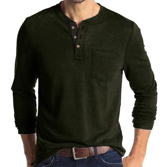 O-Ausschnitt Langarm Tasche Herrenhemd Knöpfe Hals Einfarbig Pullover Oberteil für Herbst Winter