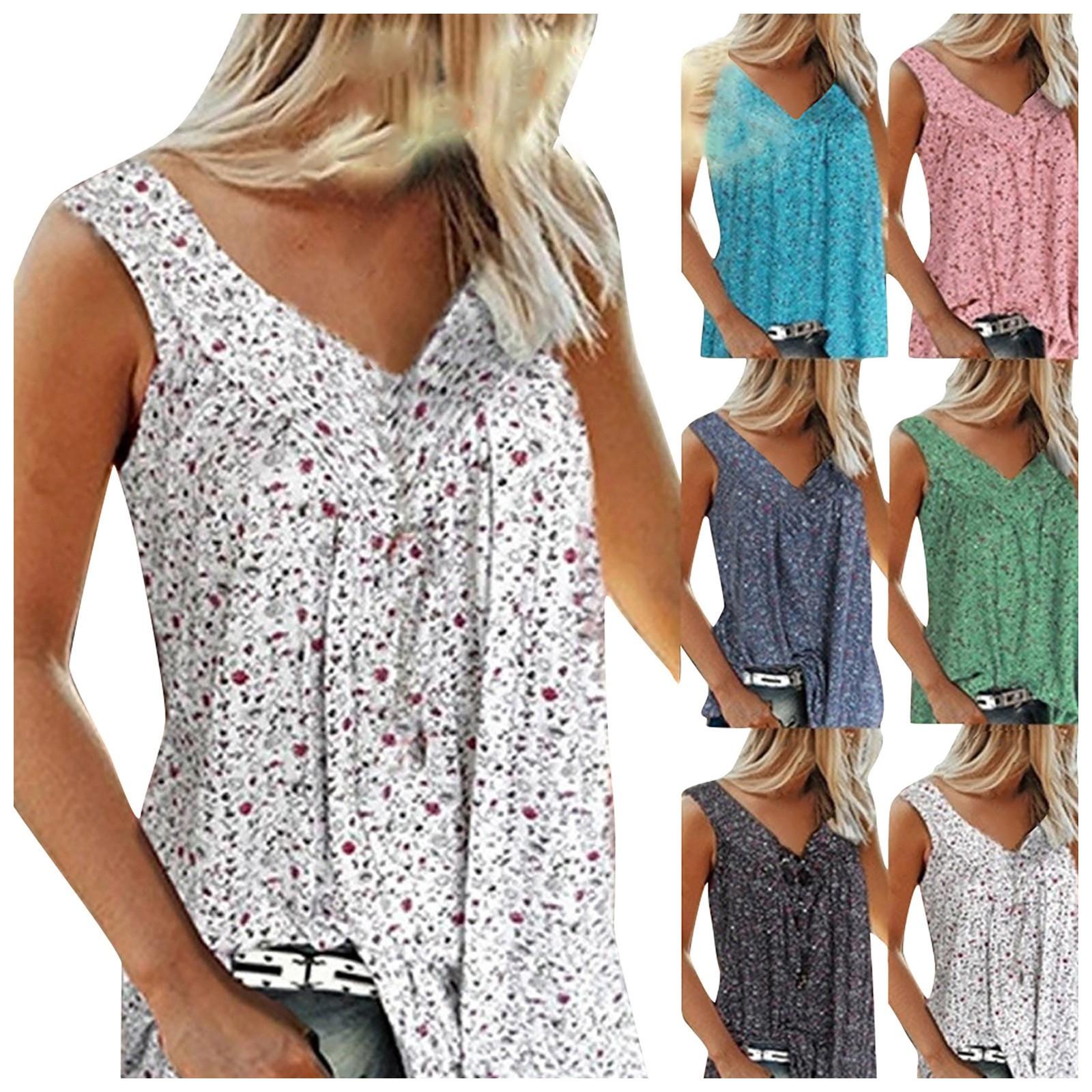 

Модная женская рубашка с V-образным воротником и принтом сломанных цветов без рукавов для отдыха