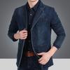 Herbst-Denim-Blazer Unifarben Revers Kragen Einreiher Schmale Passform Taschen