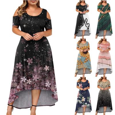 Plus Size Women's Short-sleeved Fashion Print Crew-neck Off-shoulder Irregular Hem Dress