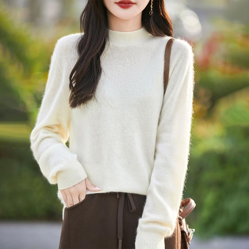 Women's Cream Yellow Wool Brushed Pullover Sweater, Half-High Neck Loose Knitwear Base Layer Top