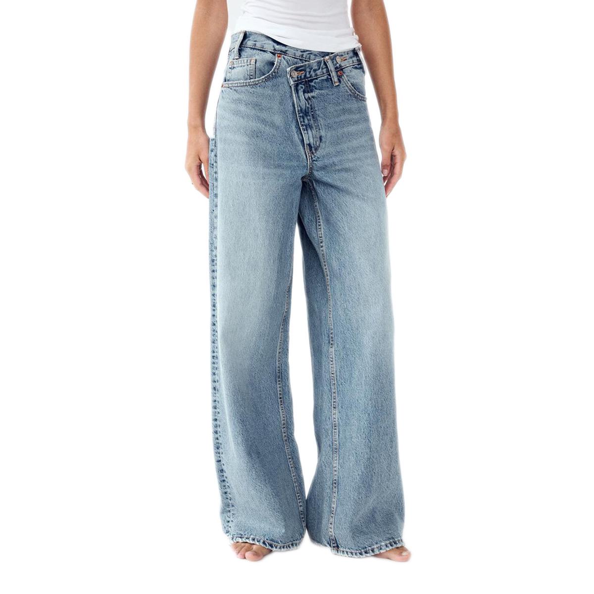 

Европейские и американские женские джинсы с высокой посадкой, прямые, с изюминкой S (74CM) светло-синий