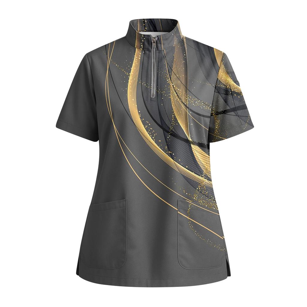 Women's Short Sleeved Printed V-neck Buttonable Side Slit Top T-shirt