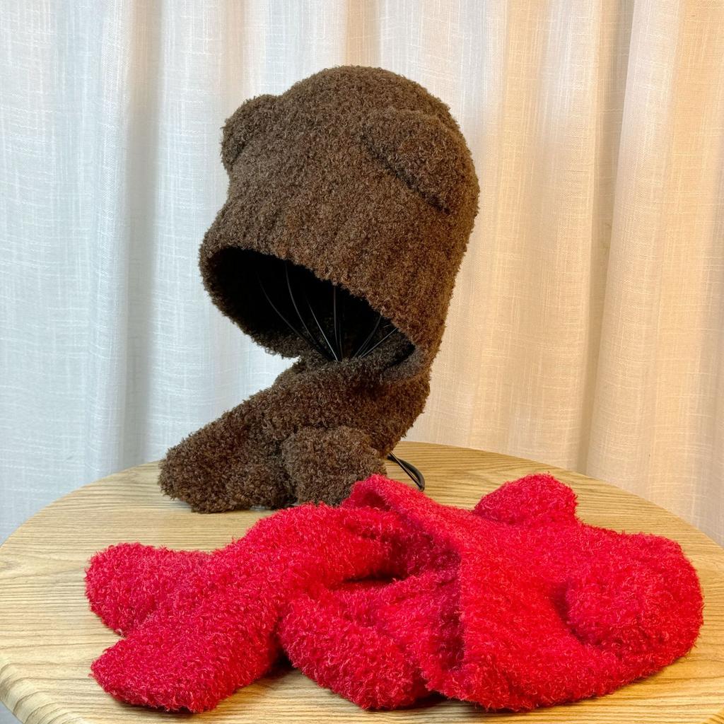 Versatile Cute Little Bear Hat for Women In Autumn and Winter Lamb Velvet Warm and Cold Hat Cold Proof Ear Protection and Neck Scarf All In One Hat