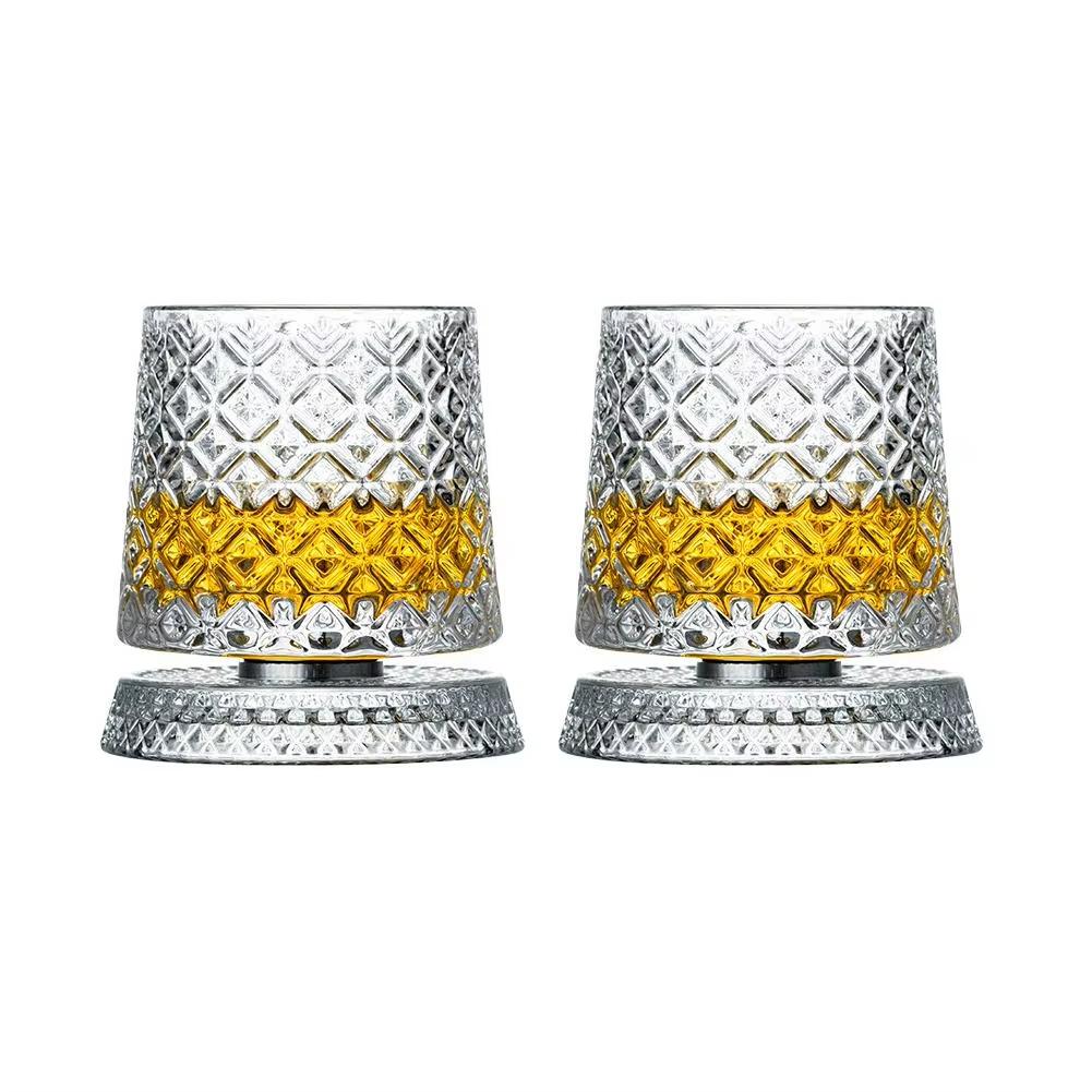2PCS Whiskey Glasses Rotating Whisky Glass With Glass Base 360 Rotate Degrees Crystal Rum Glass For Cocktail Party Drinking Gift 301ml