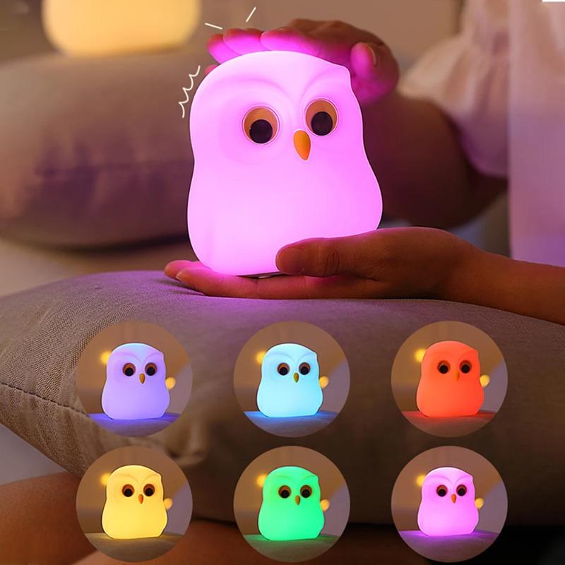 Cute Owl Silicone Rechargeable LED Night Light RGB Color Changing Ambience Lamp Cartoon Bedroom Home Decor Nice Gift for Kids