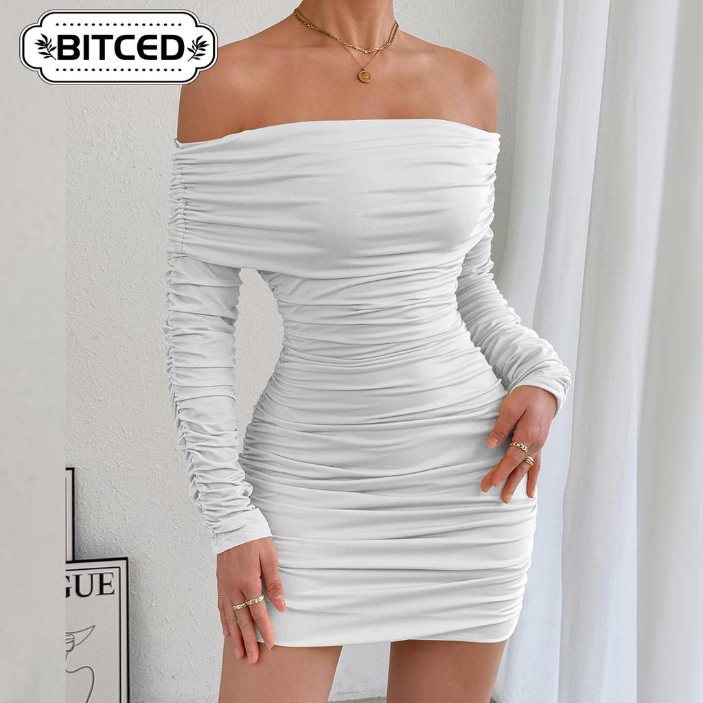 BITCED Women's Fashion Summer Spring Solid Color Print Long Sleeve Casual Dresses