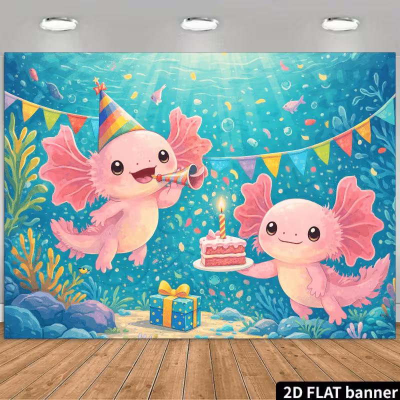 

2D Cartoon Axolotl Birthday Party Backdrop Underwater Kids Photo Booth Prop 47.2x31.5inch/120*80cm