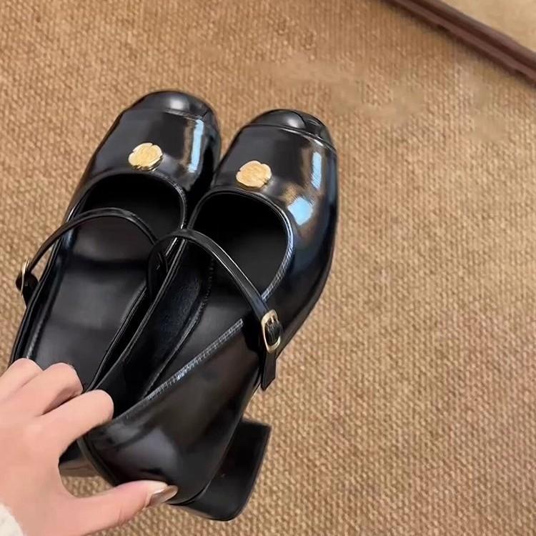 Sheepskin Version~ Heightening Small Leather Shoes Women's One-word Buckle Shallow Mouth Camellia Genuine Leather Single Shoes Round Head Commuting 