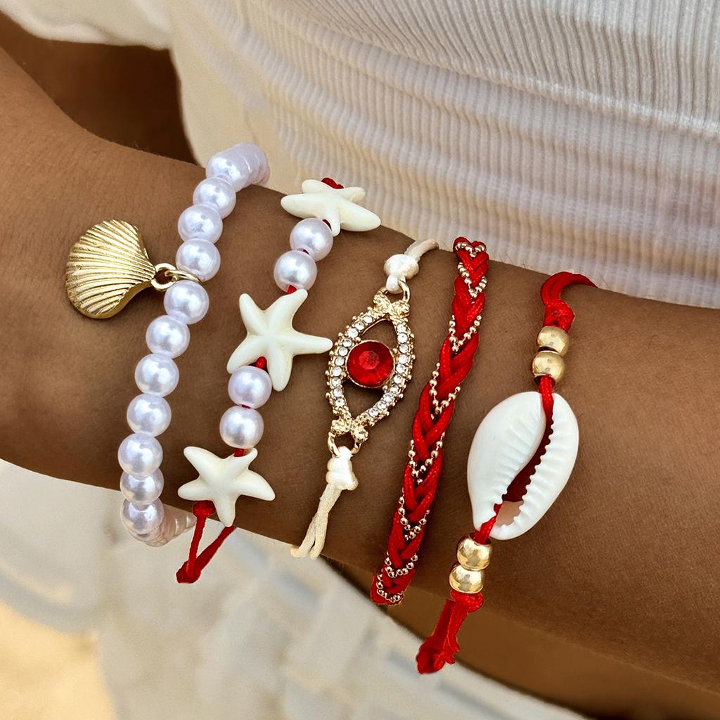 Tocona 5pcs/set Bohemian Imitation Pearl Bracelets for Women Ethnic Style Shell Beaded Bangles Summer Beach Jewelry Set 26165