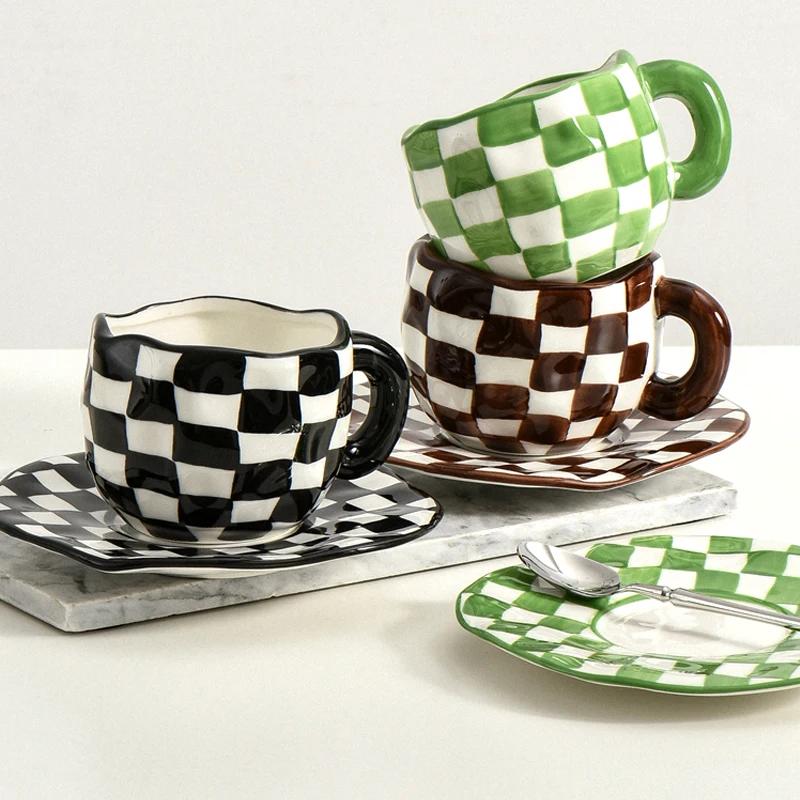 Nordic Style Hand-kneaded Checkerboard Ceramic Coffee Cup Saucer Black and White Hand-painted Afternoon Tea Cup Tableware
