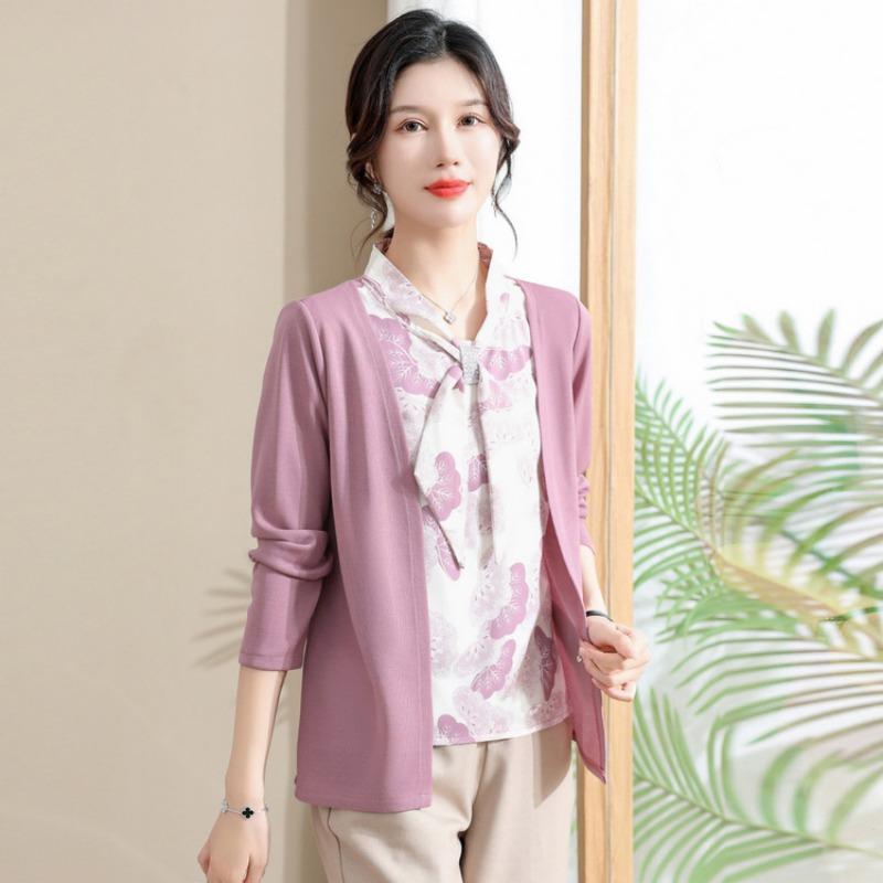 Fashion Medium and Old Women's Clothing Temperament Long-sleeved Bottoming Shirt Female Mother Spring and Autumn Clothing New Fake Two-piece Top