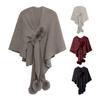 Yousheng Women Cloak Shawl V-neck Solid Color Plush Ball Decor Cross Design Warm Versatile Knitting Shawl Daily Commuting Wear