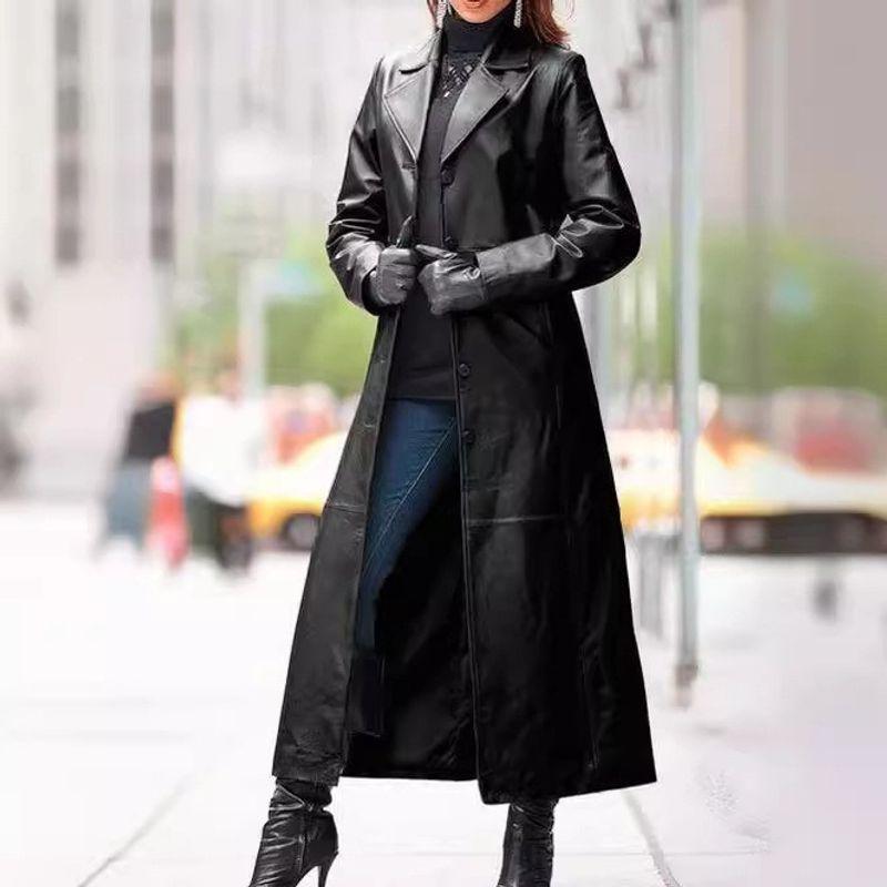 

European and American Women Button Leather Coat Lapel Long Coat Slimming Plus size PU Leather without Lining Trench coat Overcoat Black XL