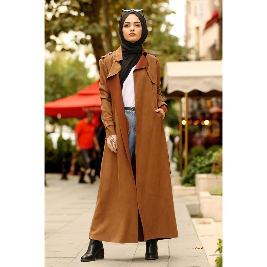 Trench din piele intoarsa, lungime intreaga, cu centura