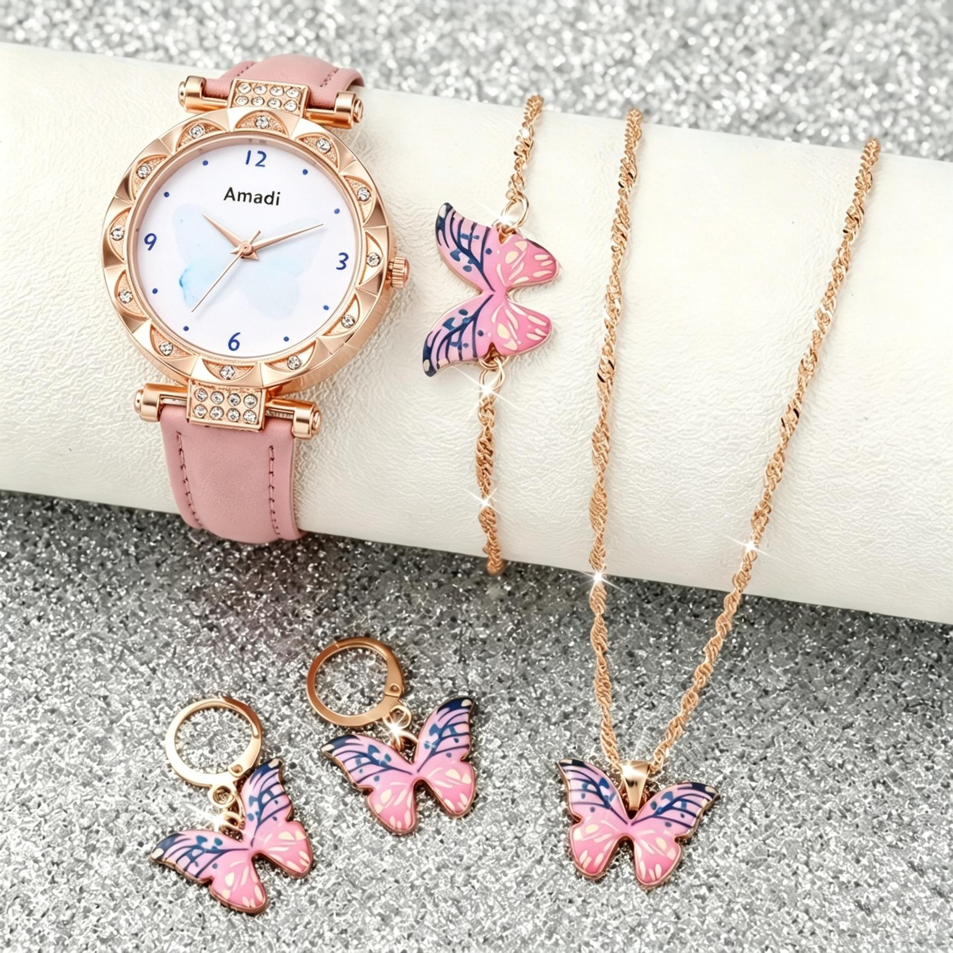 Butterfly Diamond Ladies Quartz Watch Pink Butterfly Bracelet Jewelry Set Fashion Belt Watch