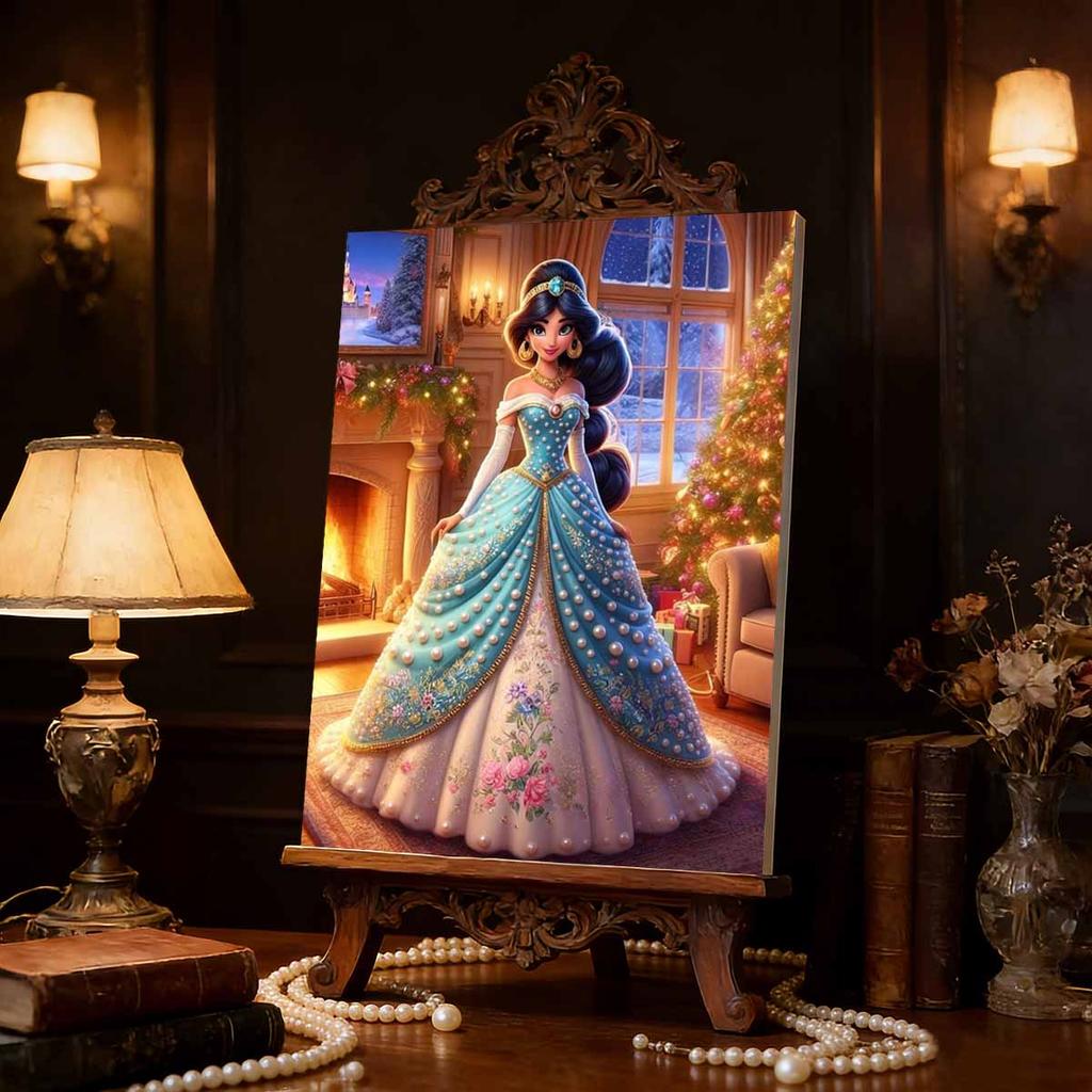 Classic Princess Jasmine Pearl Dress Pearl Art Painting Blue and Green Gradient Pearl Floral Embroidery Elements Pearl Inlay Frameless Craft Painting