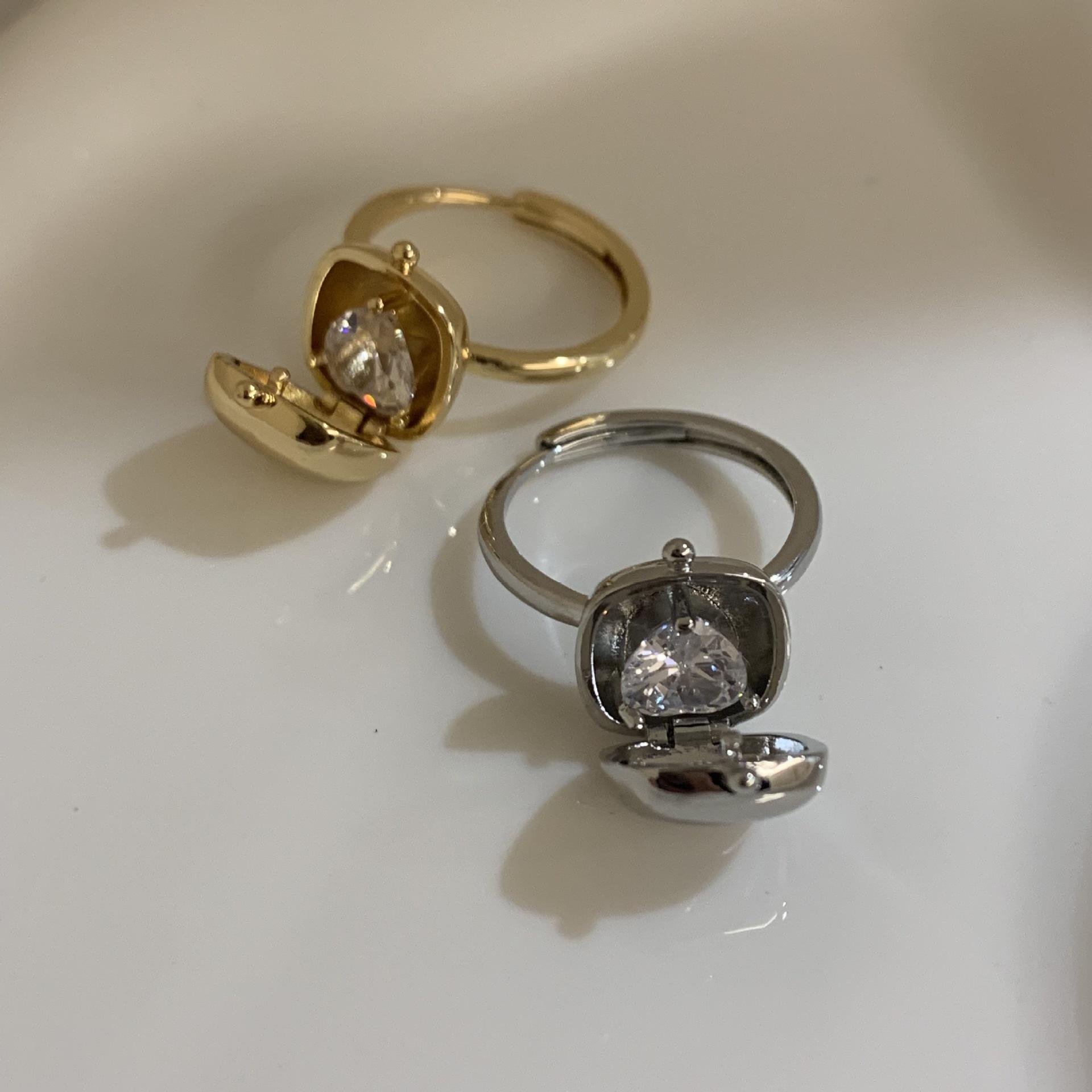 Crystal Heart Ring Metal Square Jewelry