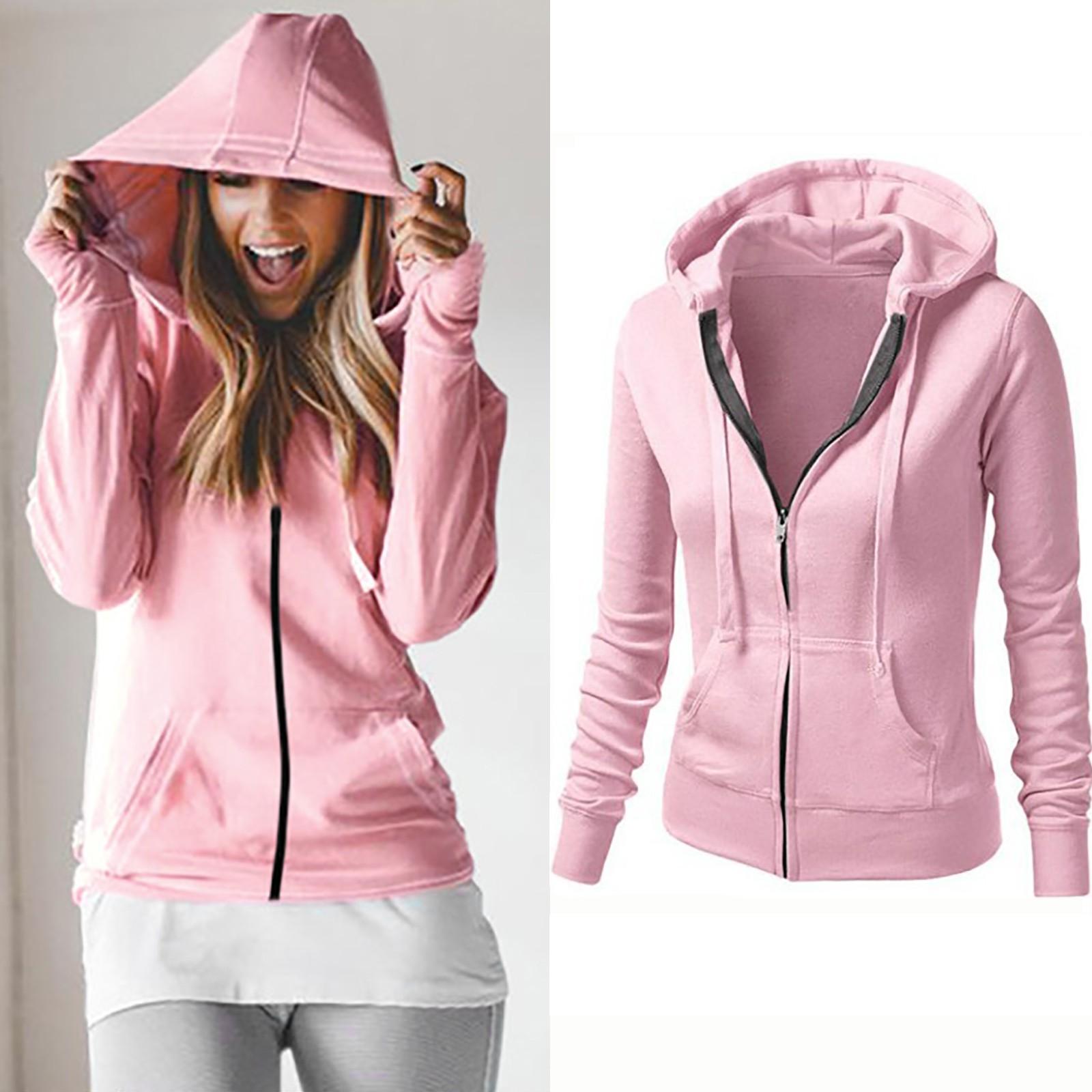

Women s Long Sleeve Sweatshirt Color Hole Zipper Hooded Sweatshirt S рожевий
