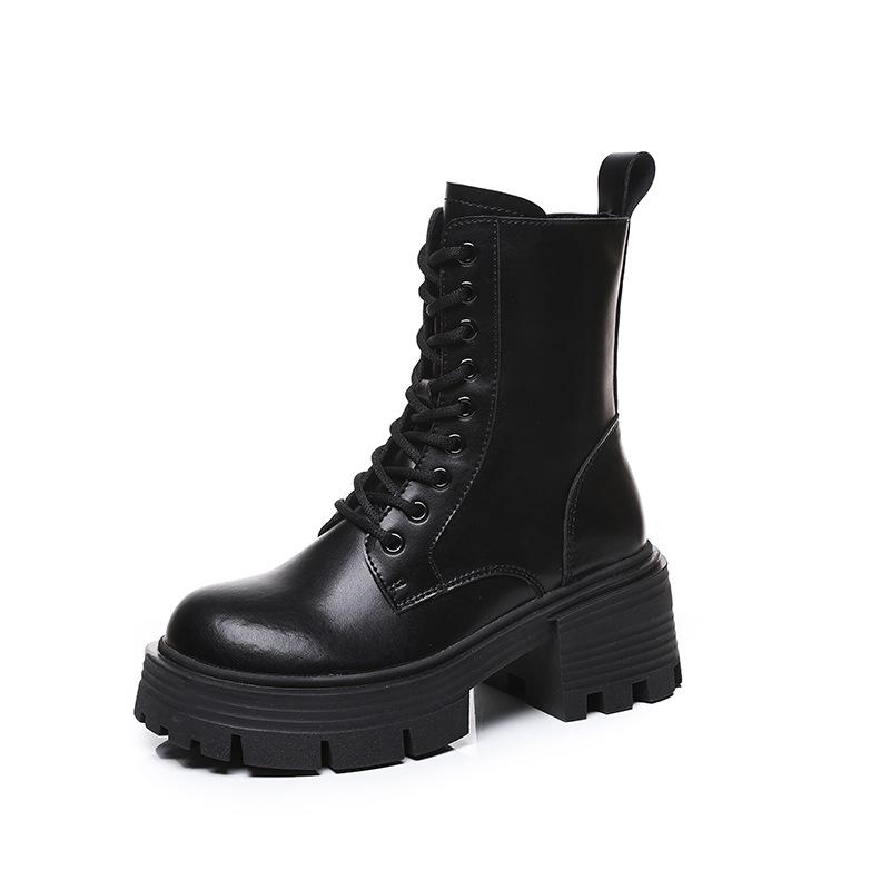 Genuine Leather Thick Soled Short Boots for Women with British Style Thick Heels  Spring and Autumn Winter with Plush Boots