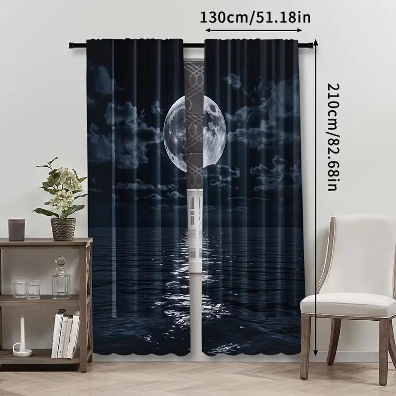 2pcs Serene Moonlit Sea Printed Curtains, Designed for Light Filtering, Quality Material, Ideal for Nature-Themed Home Window De